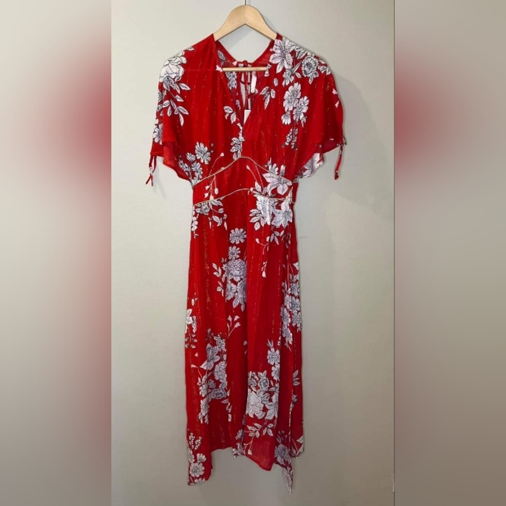 NEW Anthropologie Raga Red Floral Maxi Dress With Metallic Accents Size XS